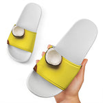 Yellow Coconut Pattern Print White Slide Sandals