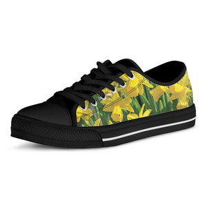 Yellow Daffodil Flower Print Black Low Top Shoes