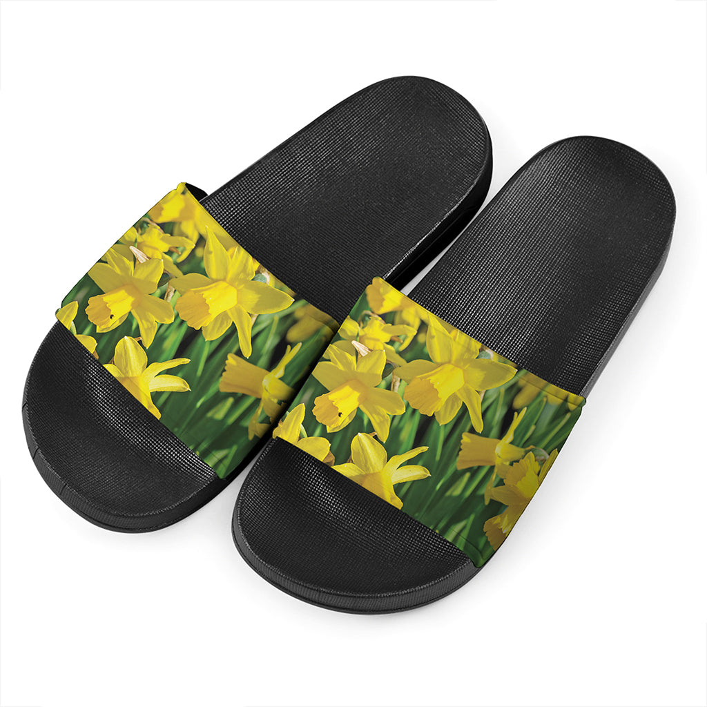 Yellow Daffodil Flower Print Black Slide Sandals
