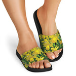 Yellow Daffodil Flower Print Black Slide Sandals