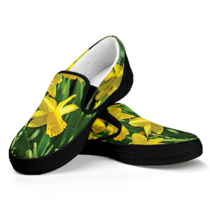 Yellow Daffodil Flower Print Black Slip On Shoes