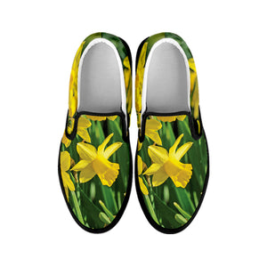 Yellow Daffodil Flower Print Black Slip On Shoes