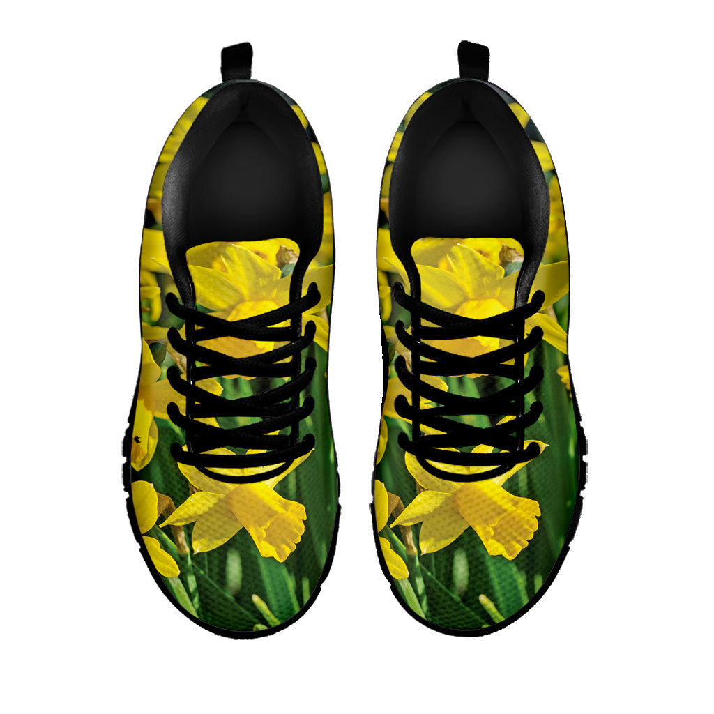 Yellow Daffodil Flower Print Black Sneakers