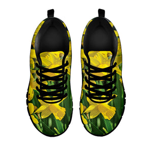 Yellow Daffodil Flower Print Black Sneakers