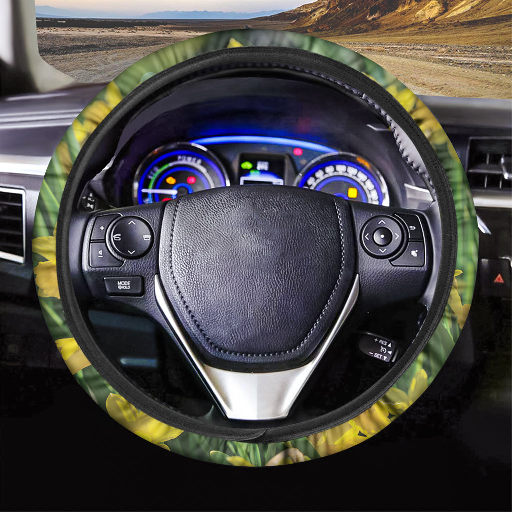 Yellow Daffodil Flower Print Car Steering Wheel Cover