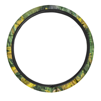 Yellow Daffodil Flower Print Car Steering Wheel Cover