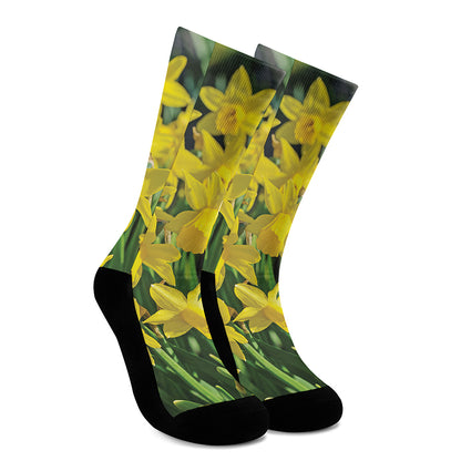 Yellow Daffodil Flower Print Crew Socks