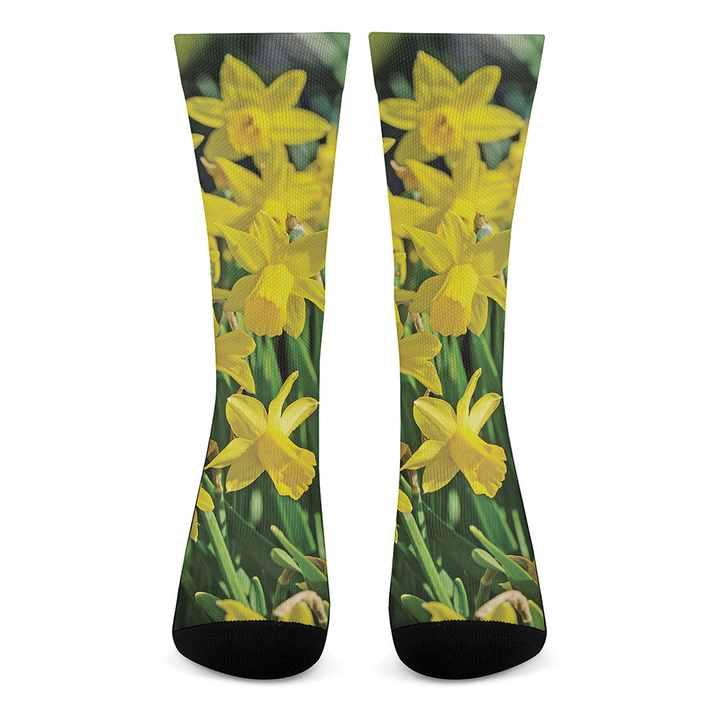Yellow Daffodil Flower Print Crew Socks
