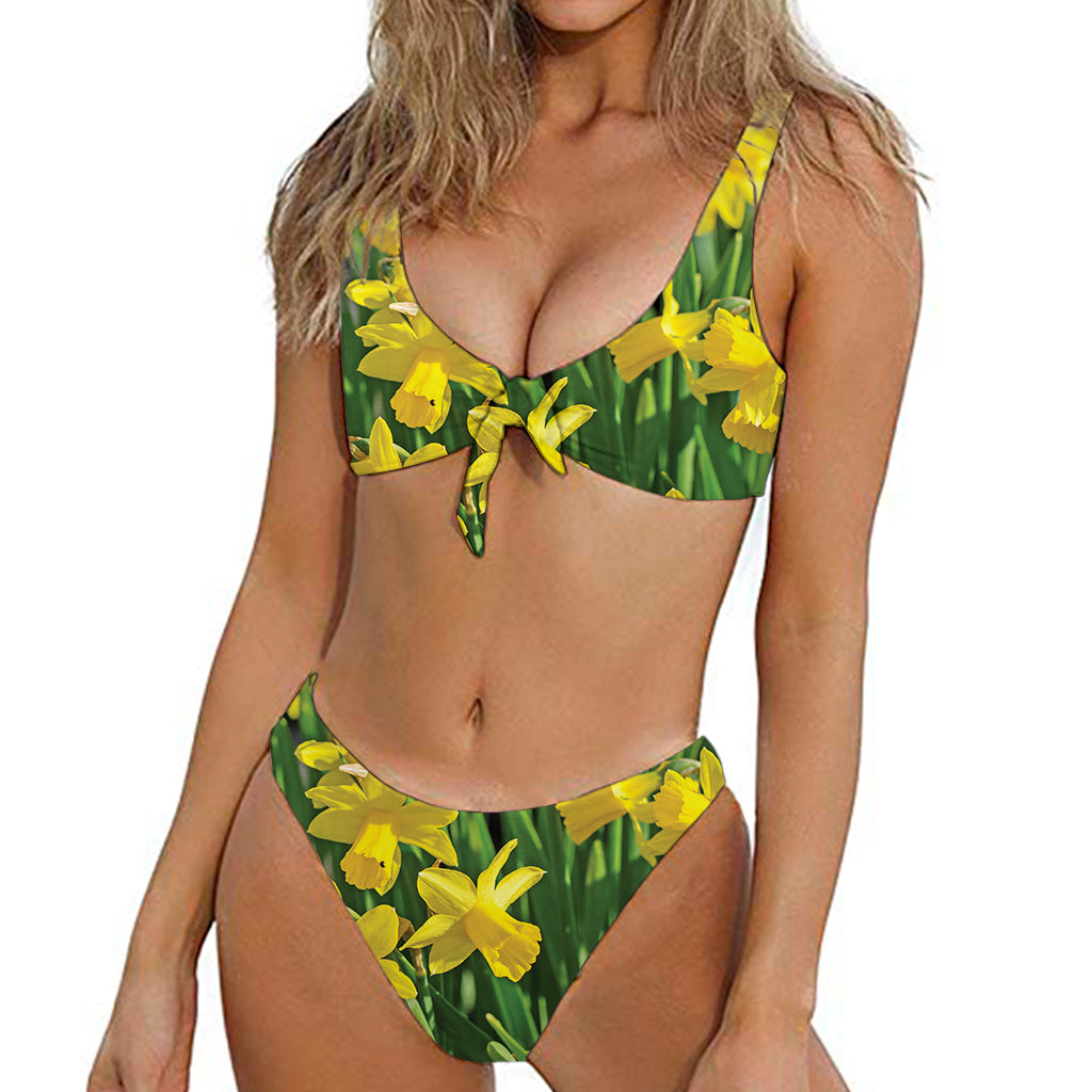 Yellow Daffodil Flower Print Front Bow Tie Bikini