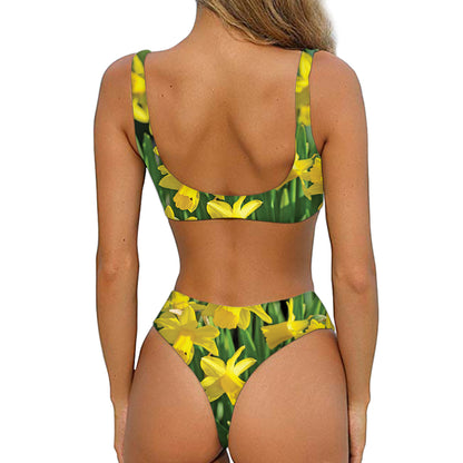Yellow Daffodil Flower Print Front Bow Tie Bikini