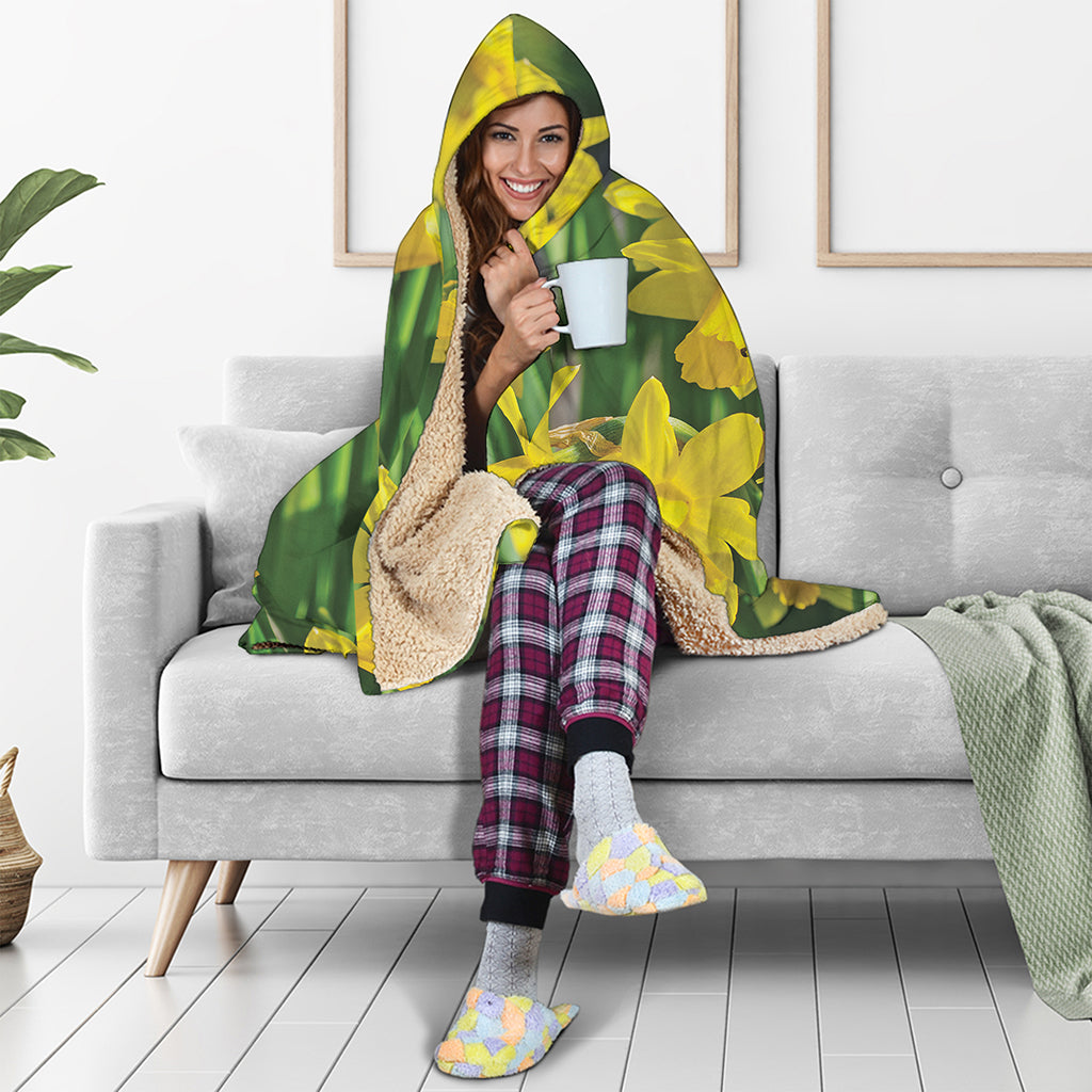Yellow Daffodil Flower Print Hooded Blanket