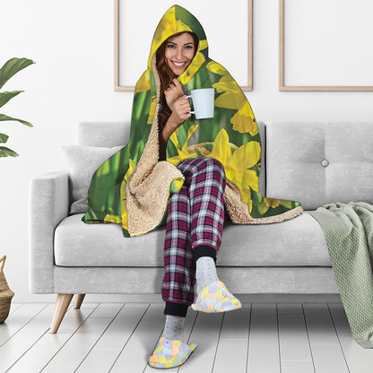 Yellow Daffodil Flower Print Hooded Blanket
