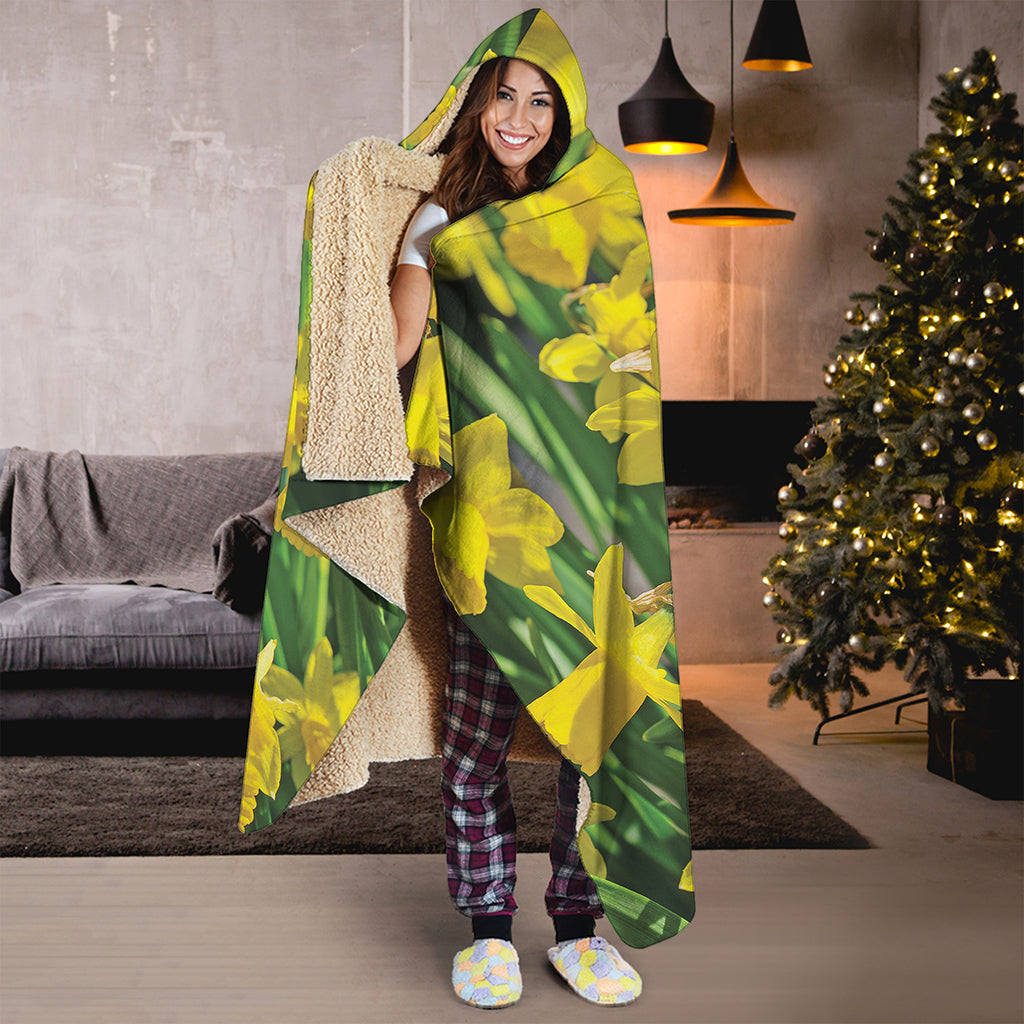Yellow Daffodil Flower Print Hooded Blanket