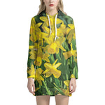 Yellow Daffodil Flower Print Hoodie Dress