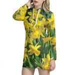 Yellow Daffodil Flower Print Hoodie Dress