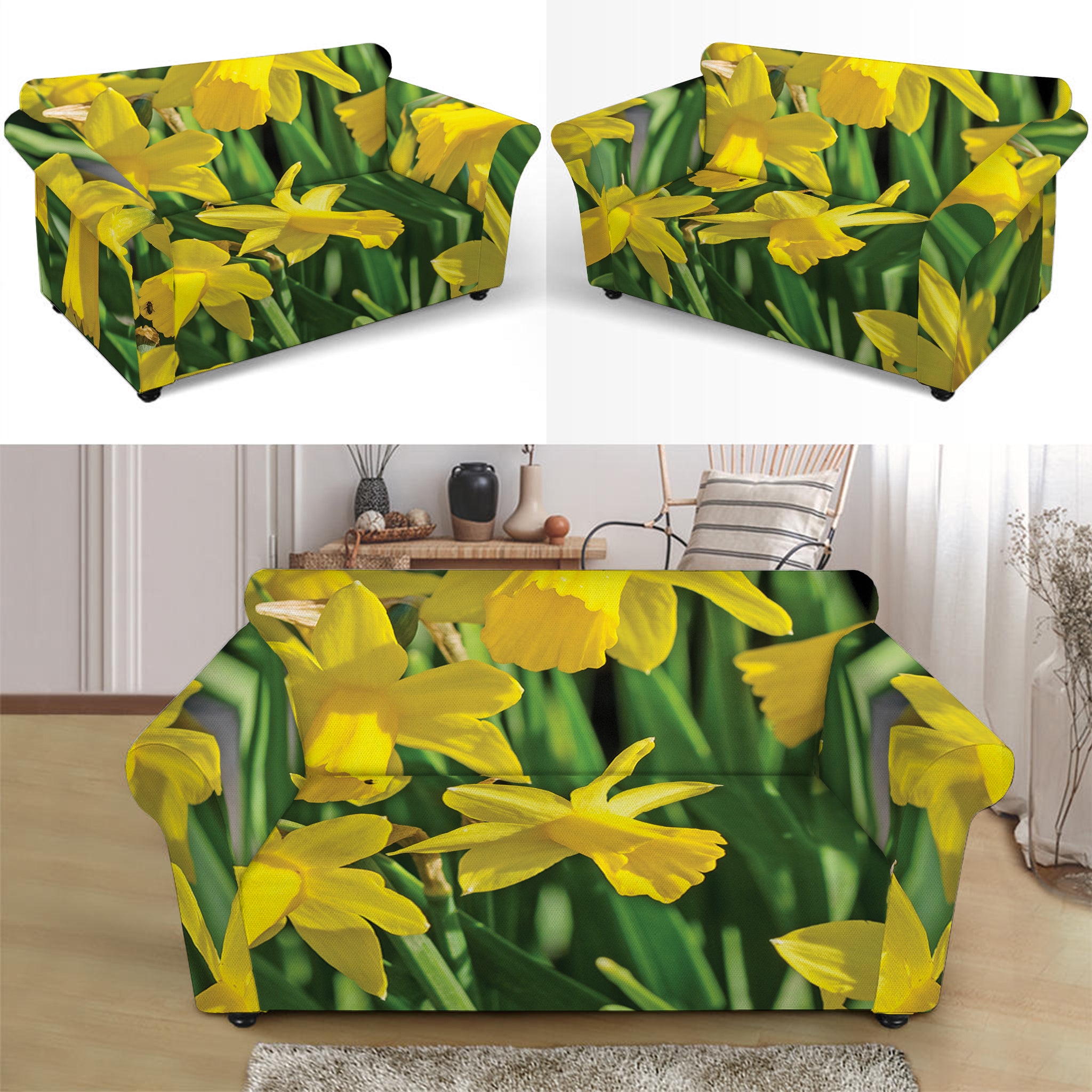 Yellow Daffodil Flower Print Loveseat Slipcover
