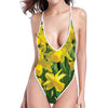 Yellow Daffodil Flower Print One Piece High Cut Swimsuit