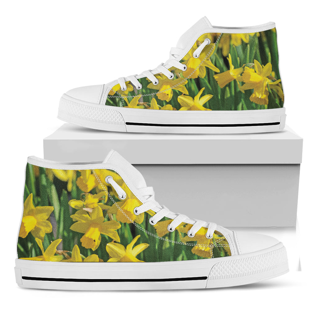 Yellow Daffodil Flower Print White High Top Shoes