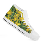 Yellow Daffodil Flower Print White High Top Shoes