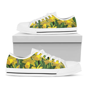 Yellow Daffodil Flower Print White Low Top Shoes