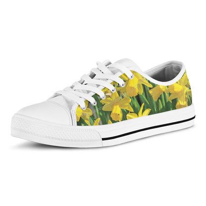 Yellow Daffodil Flower Print White Low Top Shoes