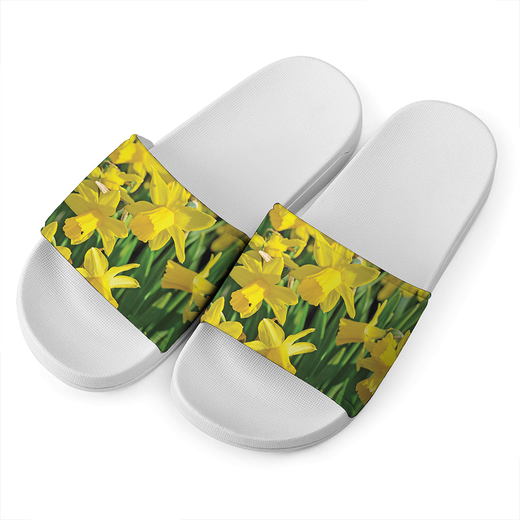 Yellow Daffodil Flower Print White Slide Sandals