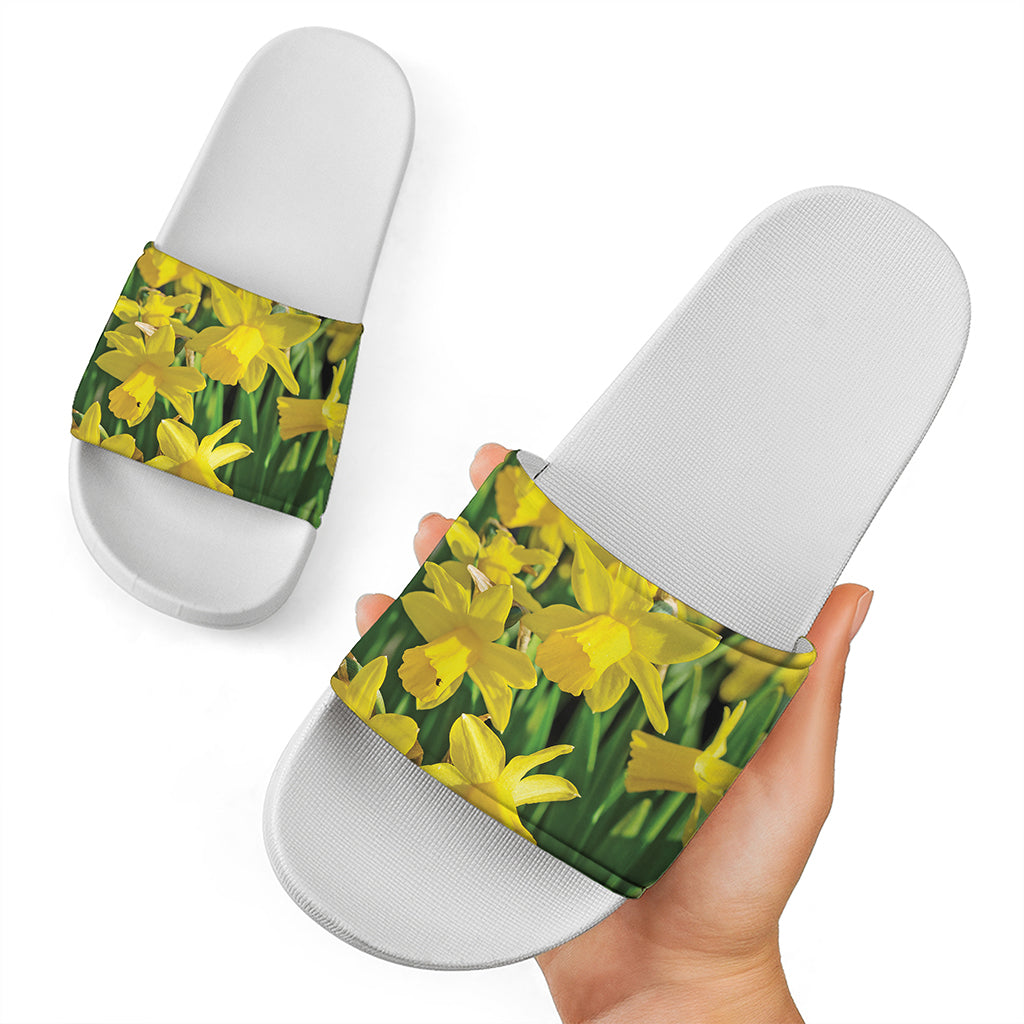 Yellow Daffodil Flower Print White Slide Sandals