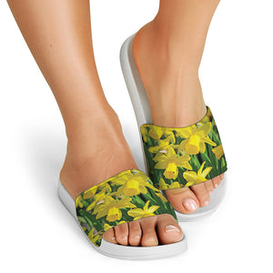 Yellow Daffodil Flower Print White Slide Sandals