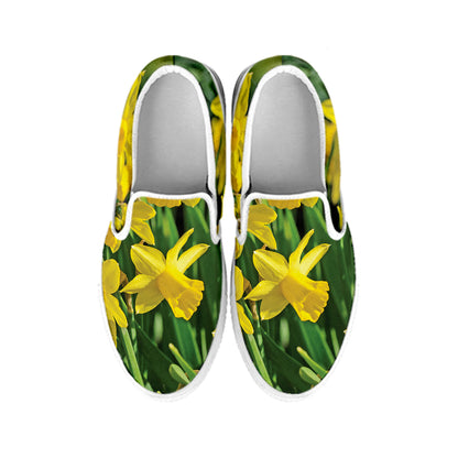Yellow Daffodil Flower Print White Slip On Shoes