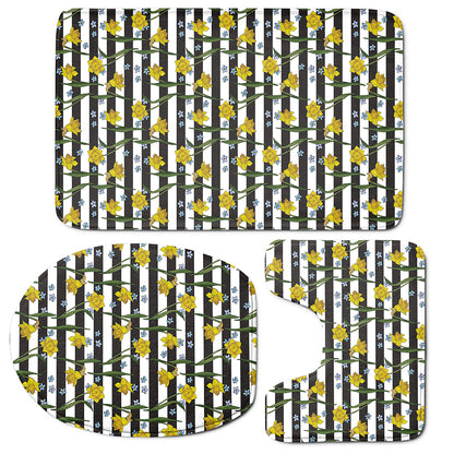 Yellow Daffodil Striped Pattern Print 3 Piece Bath Mat Set