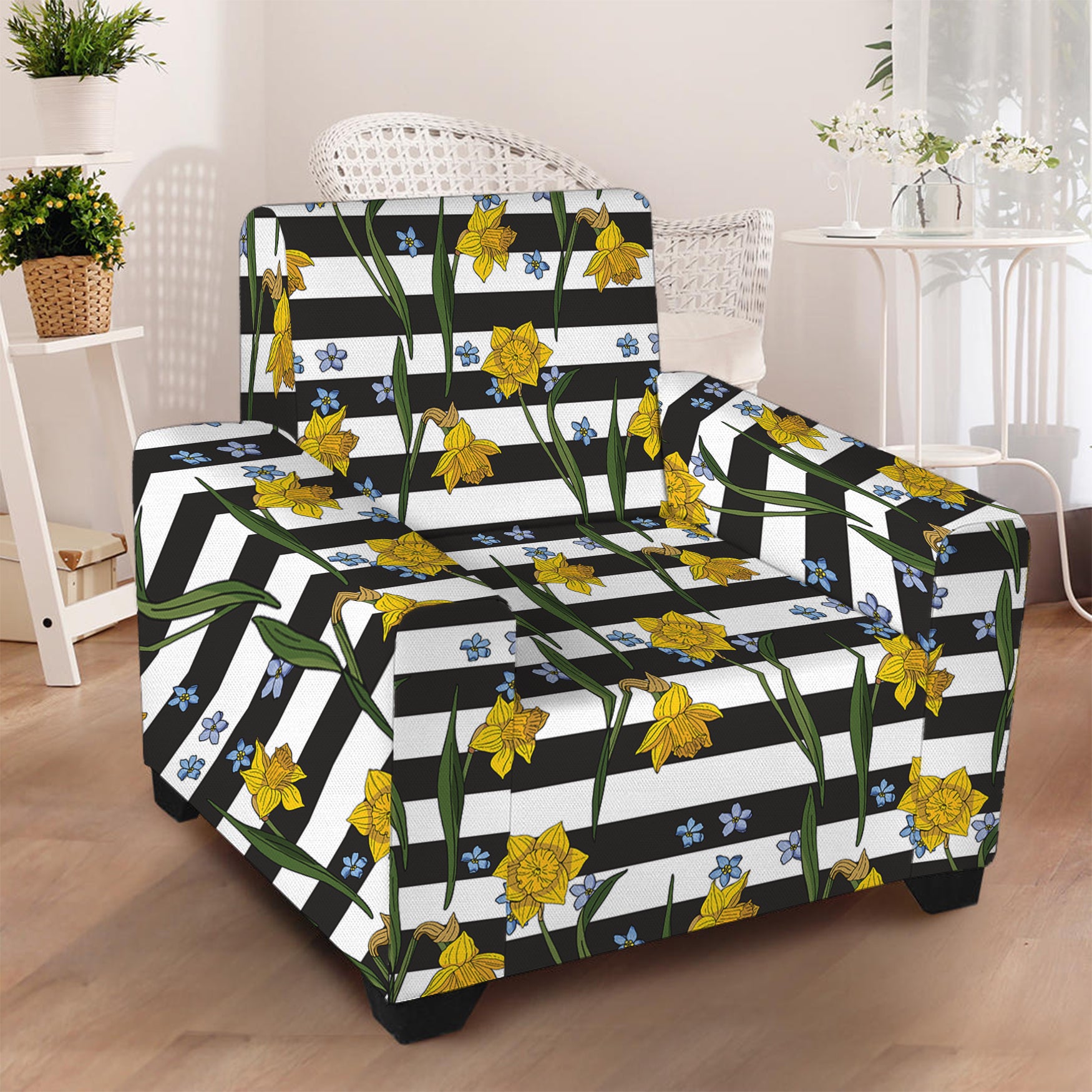 Yellow Daffodil Striped Pattern Print Armchair Slipcover