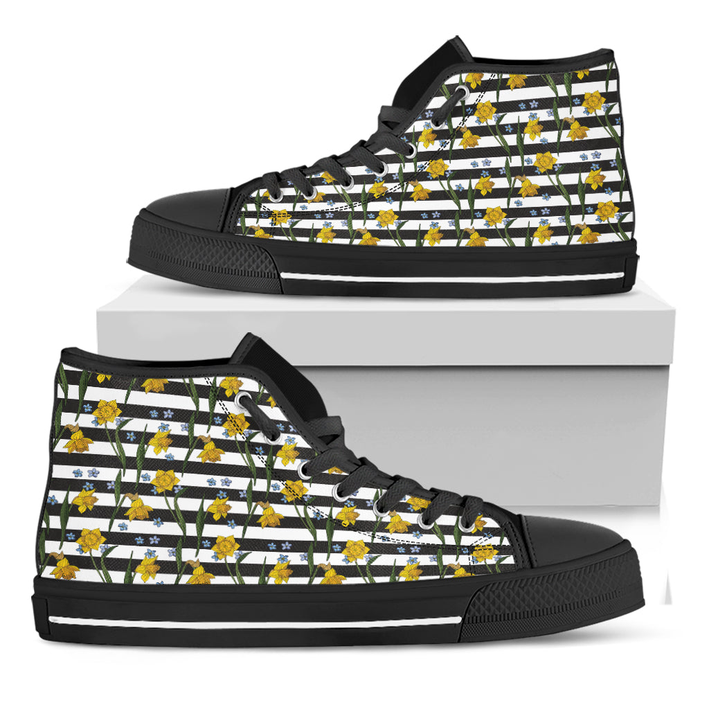 Yellow Daffodil Striped Pattern Print Black High Top Shoes