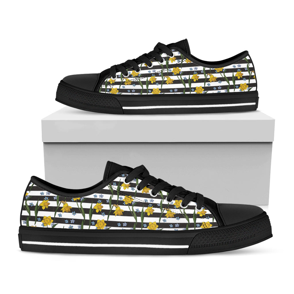 Yellow Daffodil Striped Pattern Print Black Low Top Shoes