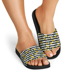 Yellow Daffodil Striped Pattern Print Black Slide Sandals