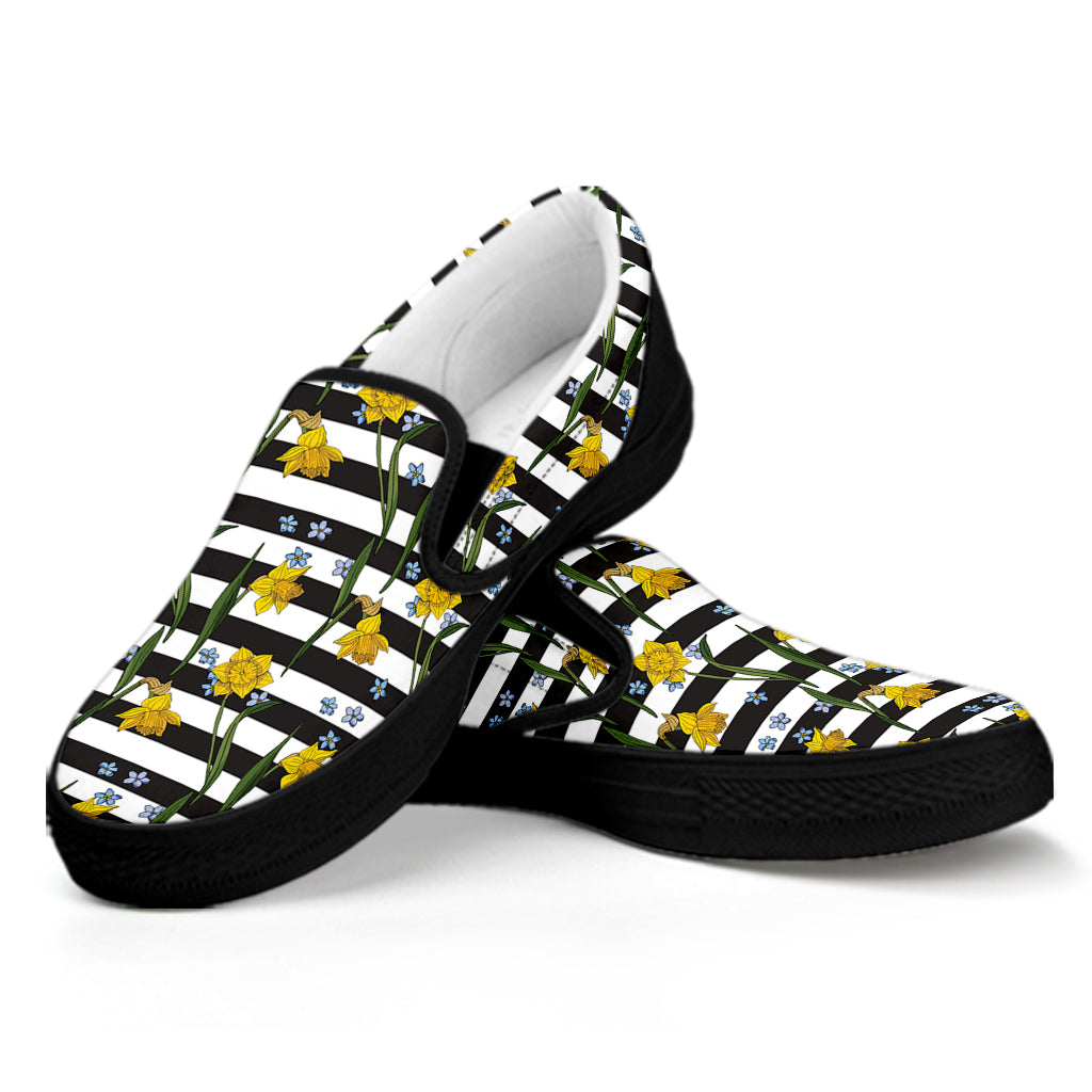 Yellow Daffodil Striped Pattern Print Black Slip On Shoes