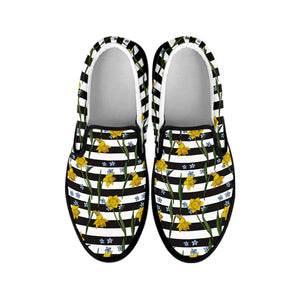Yellow Daffodil Striped Pattern Print Black Slip On Shoes