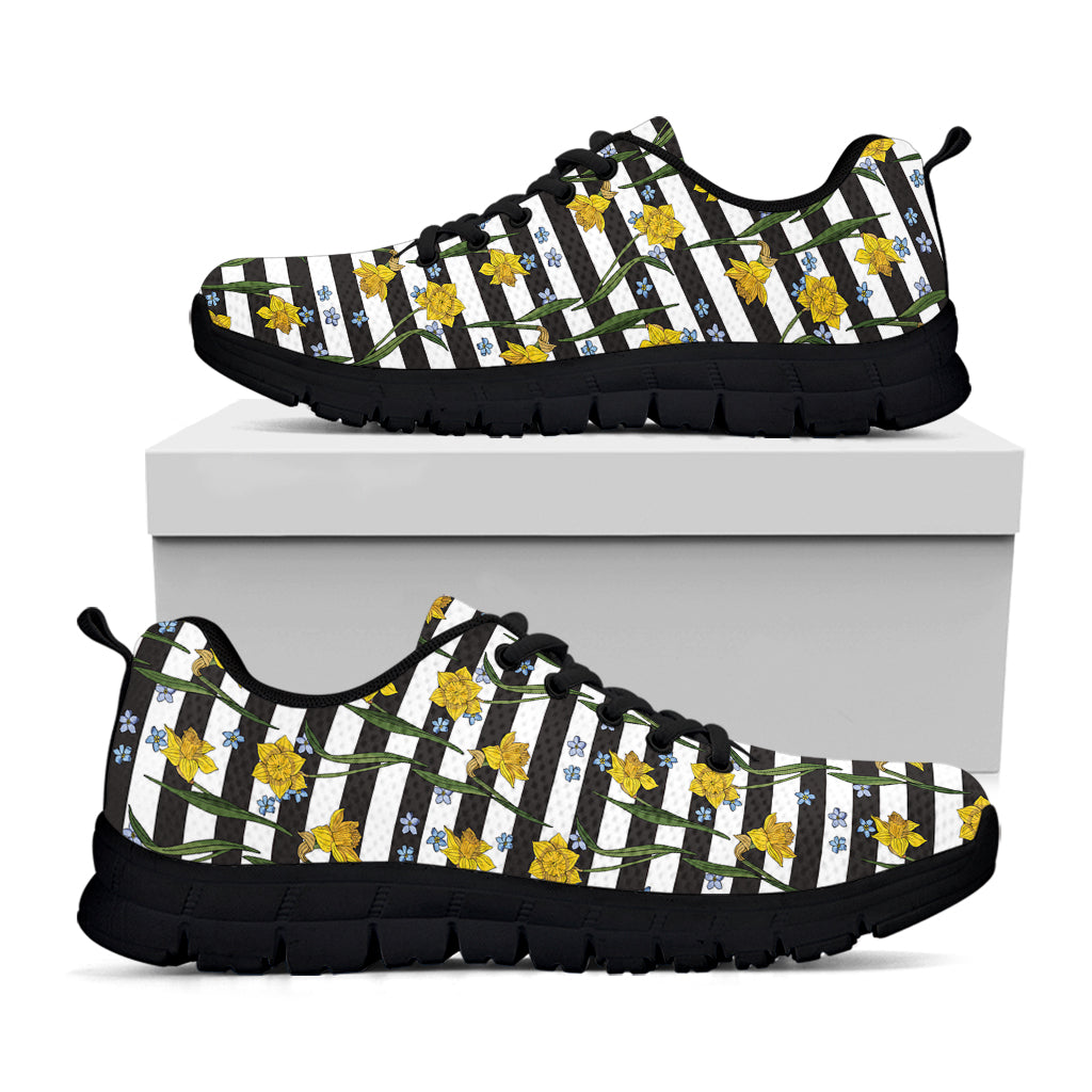 Yellow Daffodil Striped Pattern Print Black Sneakers