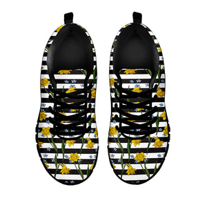 Yellow Daffodil Striped Pattern Print Black Sneakers