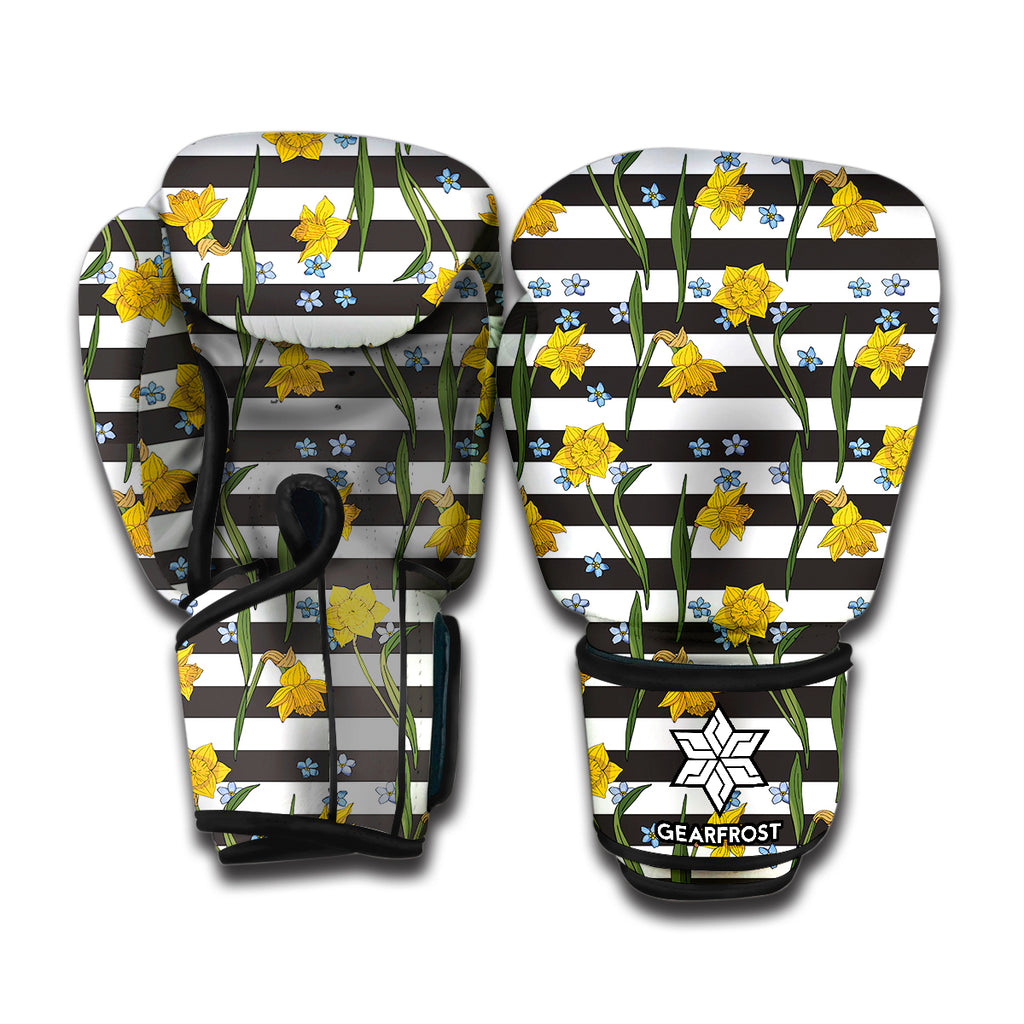 Yellow Daffodil Striped Pattern Print Boxing Gloves