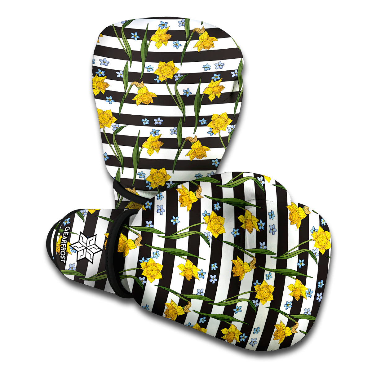 Yellow Daffodil Striped Pattern Print Boxing Gloves