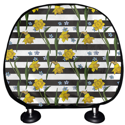 Yellow Daffodil Striped Pattern Print Car Headrest Covers