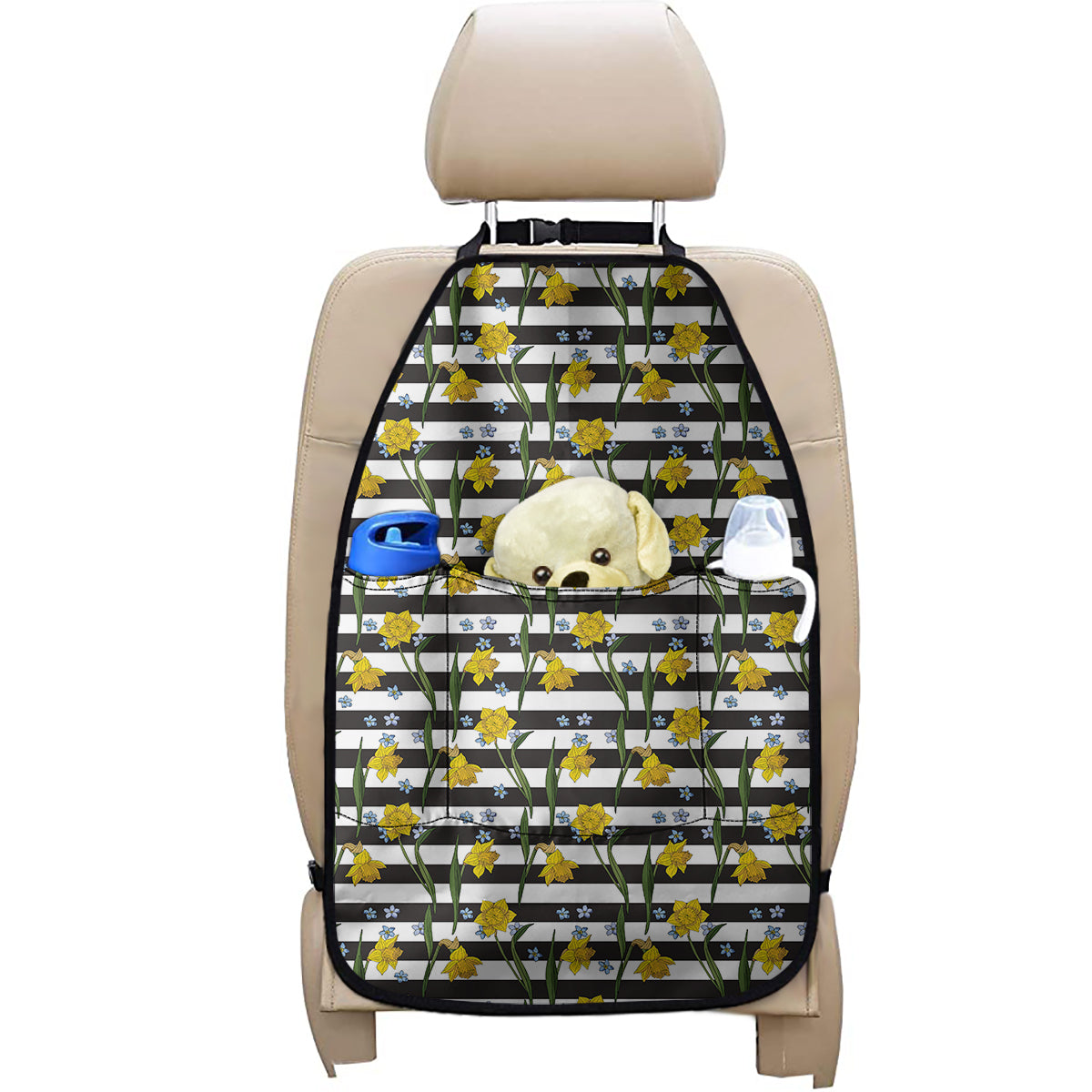 Yellow Daffodil Striped Pattern Print Car Seat Organizers