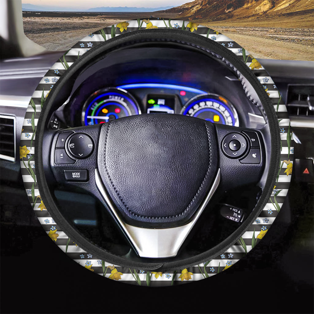 Yellow Daffodil Striped Pattern Print Car Steering Wheel Cover