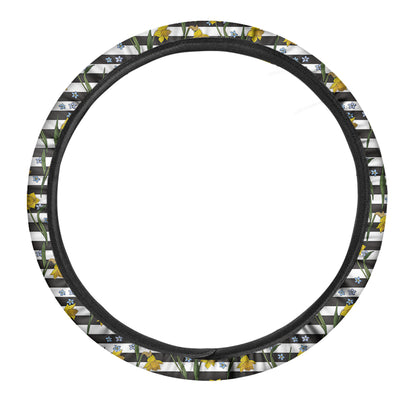 Yellow Daffodil Striped Pattern Print Car Steering Wheel Cover