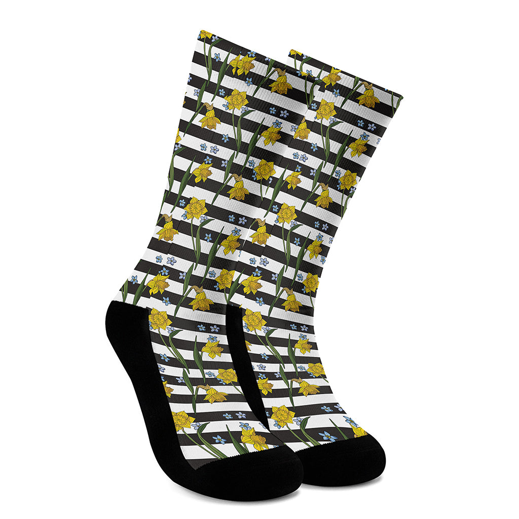 Yellow Daffodil Striped Pattern Print Crew Socks