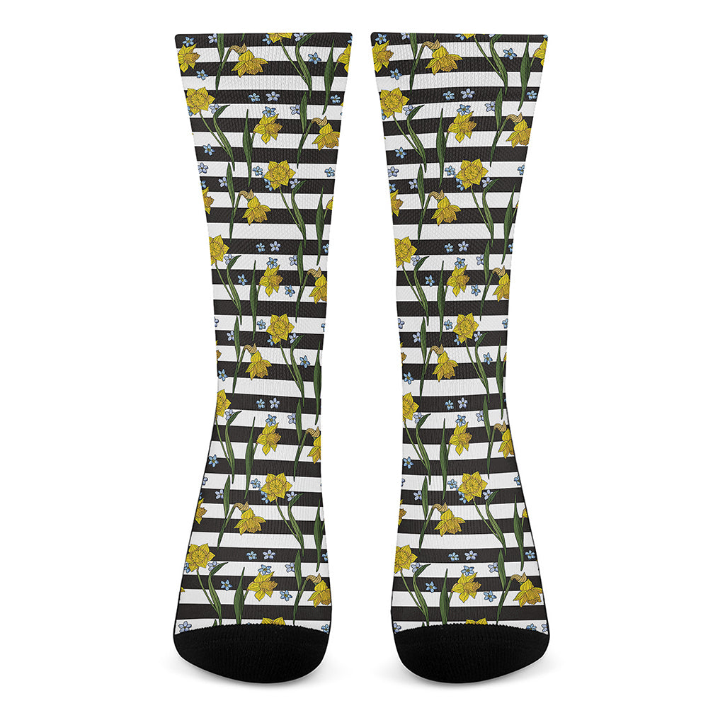 Yellow Daffodil Striped Pattern Print Crew Socks