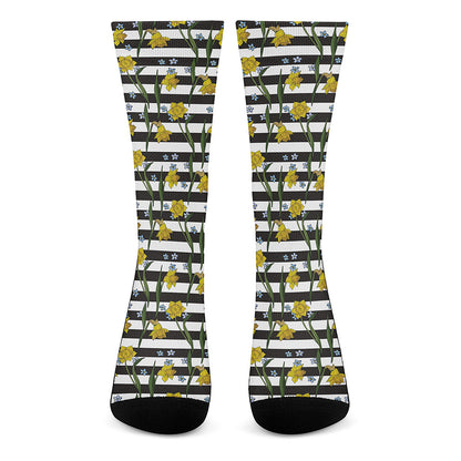 Yellow Daffodil Striped Pattern Print Crew Socks