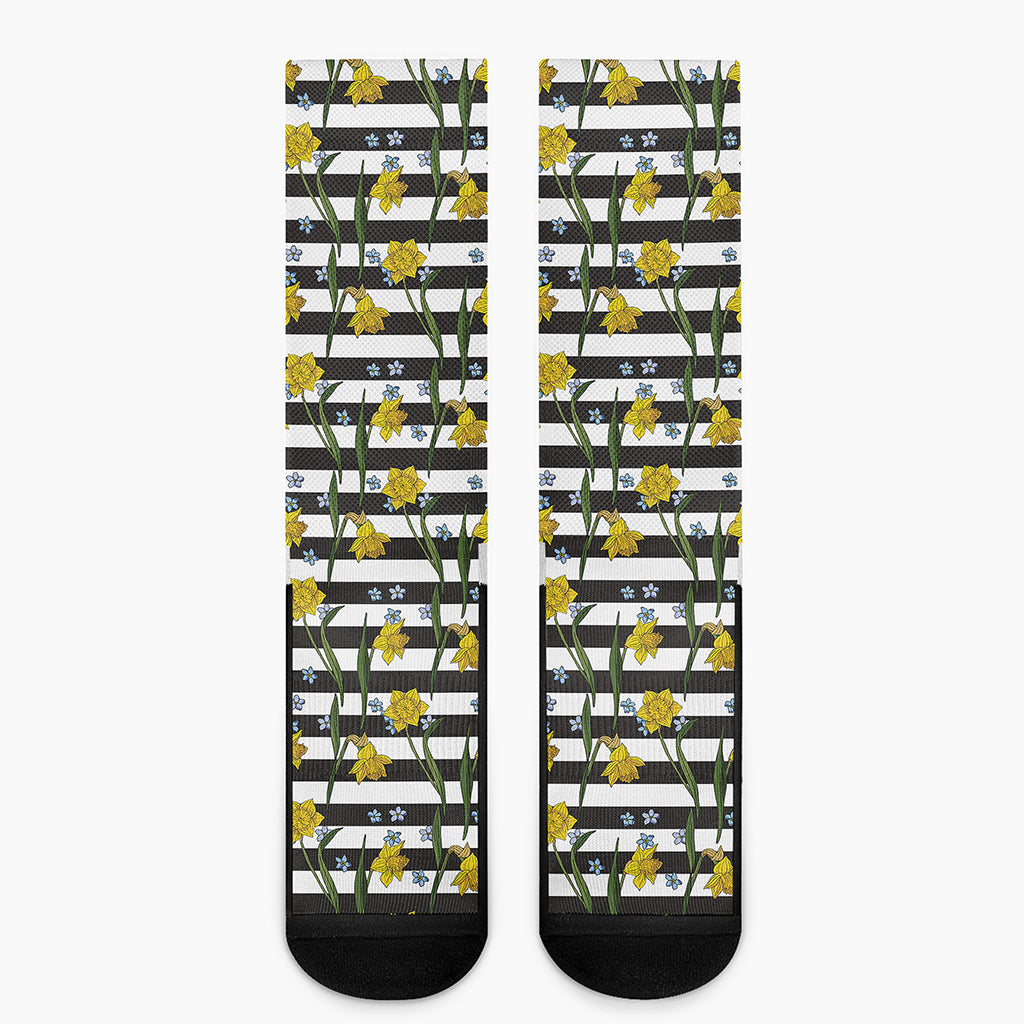 Yellow Daffodil Striped Pattern Print Crew Socks