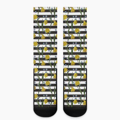 Yellow Daffodil Striped Pattern Print Crew Socks