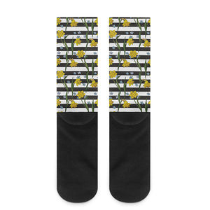 Yellow Daffodil Striped Pattern Print Crew Socks